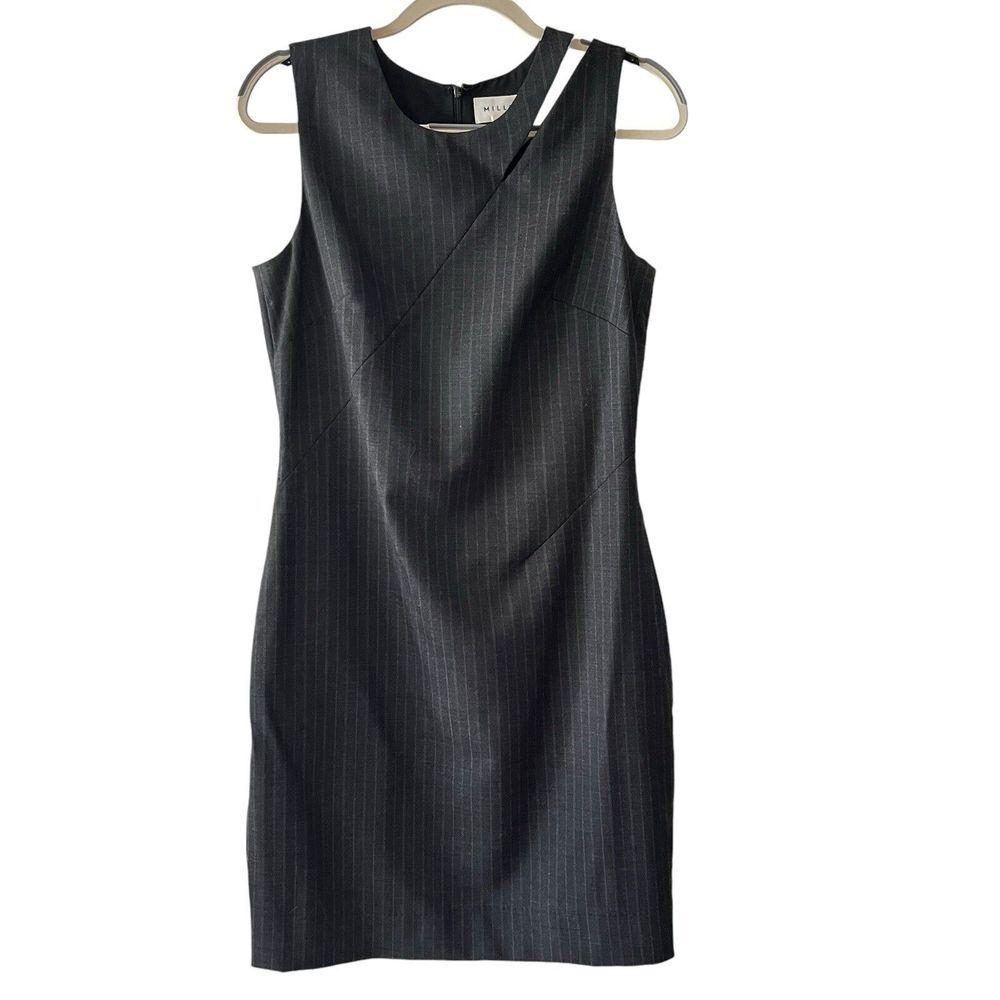 Milly Dress Virgin Wool Cutout Shoulder Tailored Sheath Gray‎ Pinstripe Size 8